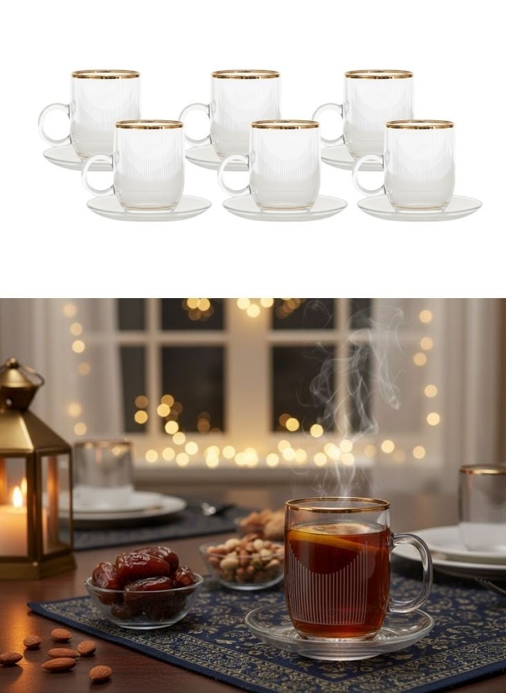 Premium Glass Tea Cup with Saucer Set – 6 Pcs Cups + 6 Pcs Saucers Gold Rim Transparent Tea Serving Set - Image 1